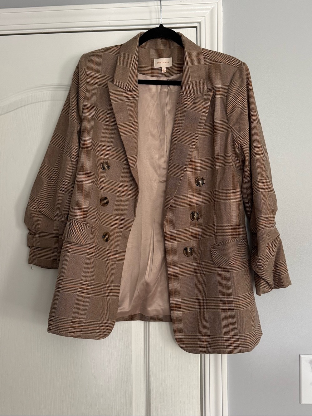 Skies Are Blue Brown Plaid Double-Breasted Blazer
